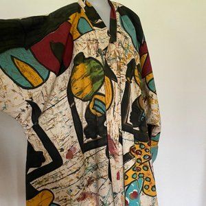 90's Vintage African wearable art kimono, Art Deco duster